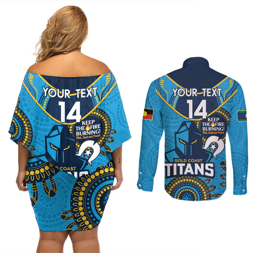 Custom NRL Titans NAIDOC Week Couples Matching Off Shoulder Short Dress and Long Sleeve Button Shirt Keep The Fire Burning Indigenous Art