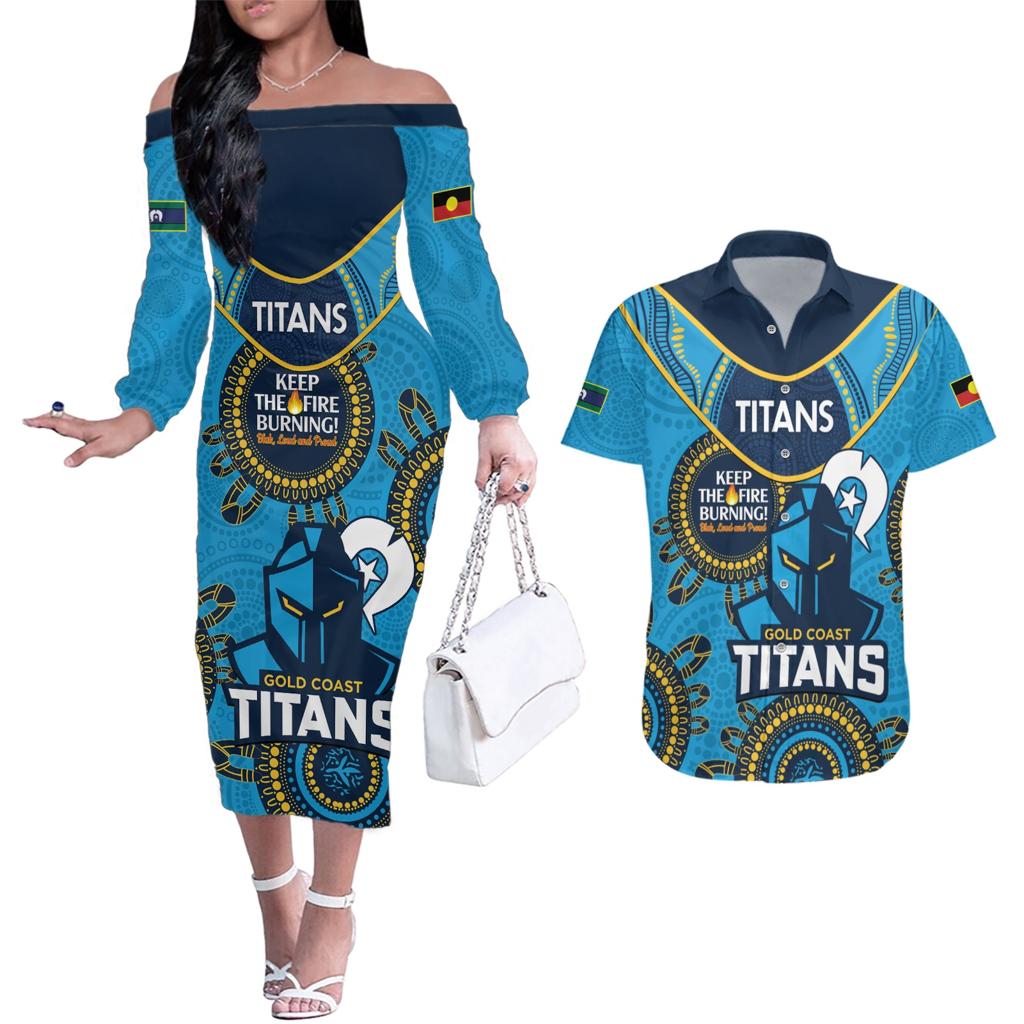 Custom NRL Titans NAIDOC Week Couples Matching Off The Shoulder Long Sleeve Dress and Hawaiian Shirt Keep The Fire Burning Indigenous Art