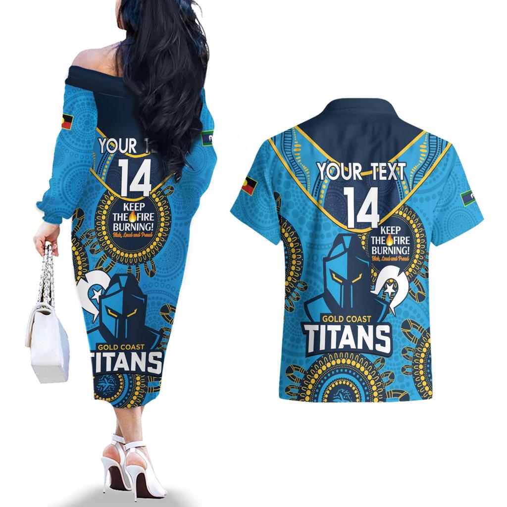 Custom NRL Titans NAIDOC Week Couples Matching Off The Shoulder Long Sleeve Dress and Hawaiian Shirt Keep The Fire Burning Indigenous Art