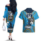 Custom NRL Titans NAIDOC Week Couples Matching Off The Shoulder Long Sleeve Dress and Hawaiian Shirt Keep The Fire Burning Indigenous Art