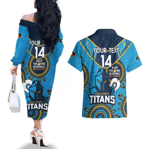 Custom NRL Titans NAIDOC Week Couples Matching Off The Shoulder Long Sleeve Dress and Hawaiian Shirt Keep The Fire Burning Indigenous Art