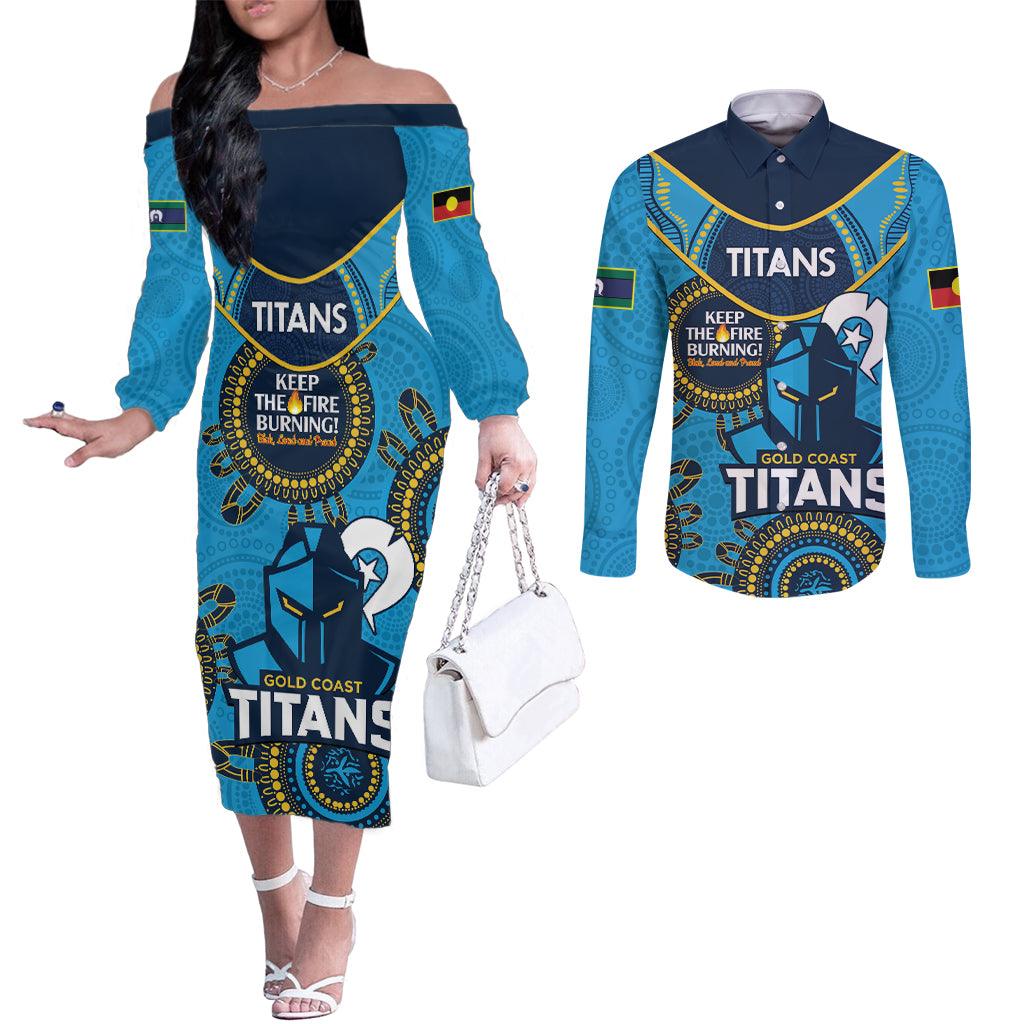 Custom NRL Titans NAIDOC Week Couples Matching Off The Shoulder Long Sleeve Dress and Long Sleeve Button Shirt Keep The Fire Burning Indigenous Art