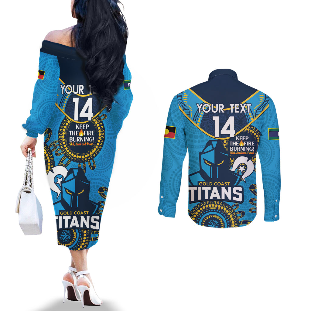 Custom NRL Titans NAIDOC Week Couples Matching Off The Shoulder Long Sleeve Dress and Long Sleeve Button Shirt Keep The Fire Burning Indigenous Art