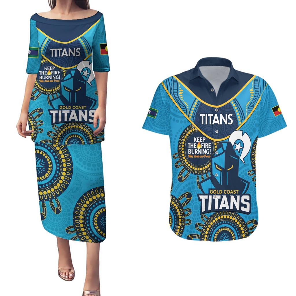 Custom NRL Titans NAIDOC Week Couples Matching Puletasi and Hawaiian Shirt Keep The Fire Burning Indigenous Art