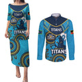 Custom NRL Titans NAIDOC Week Couples Matching Puletasi and Long Sleeve Button Shirt Keep The Fire Burning Indigenous Art