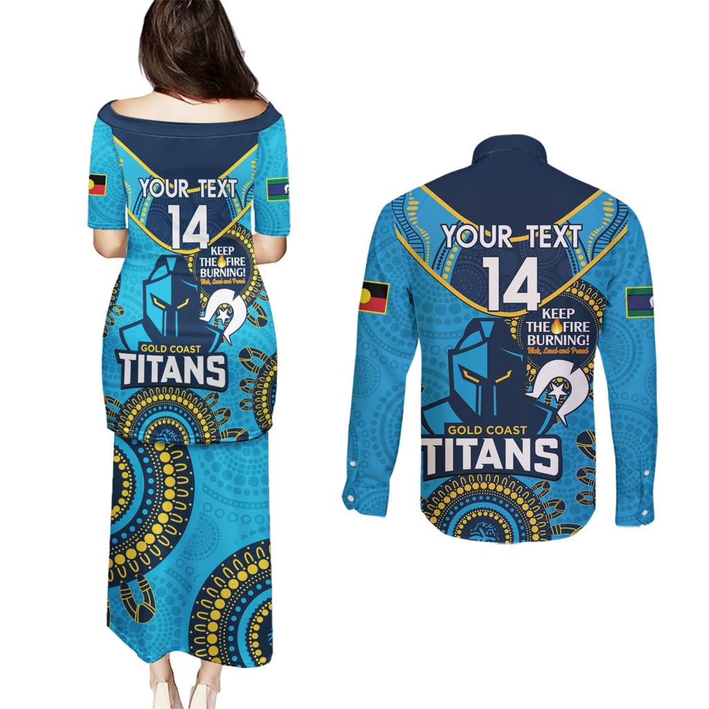 Custom NRL Titans NAIDOC Week Couples Matching Puletasi and Long Sleeve Button Shirt Keep The Fire Burning Indigenous Art