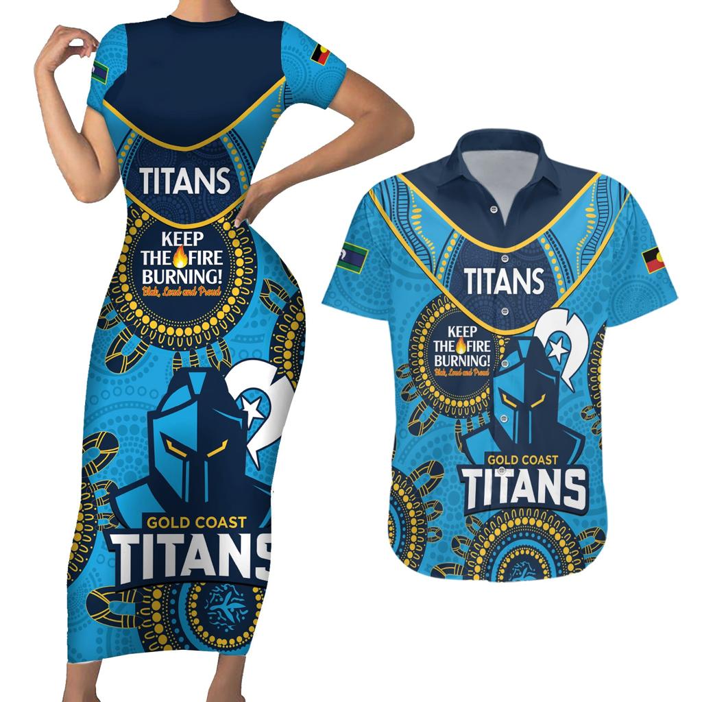 Custom NRL Titans NAIDOC Week Couples Matching Short Sleeve Bodycon Dress and Hawaiian Shirt Keep The Fire Burning Indigenous Art