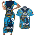 Custom NRL Titans NAIDOC Week Couples Matching Short Sleeve Bodycon Dress and Hawaiian Shirt Keep The Fire Burning Indigenous Art