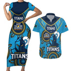 Custom NRL Titans NAIDOC Week Couples Matching Short Sleeve Bodycon Dress and Hawaiian Shirt Keep The Fire Burning Indigenous Art