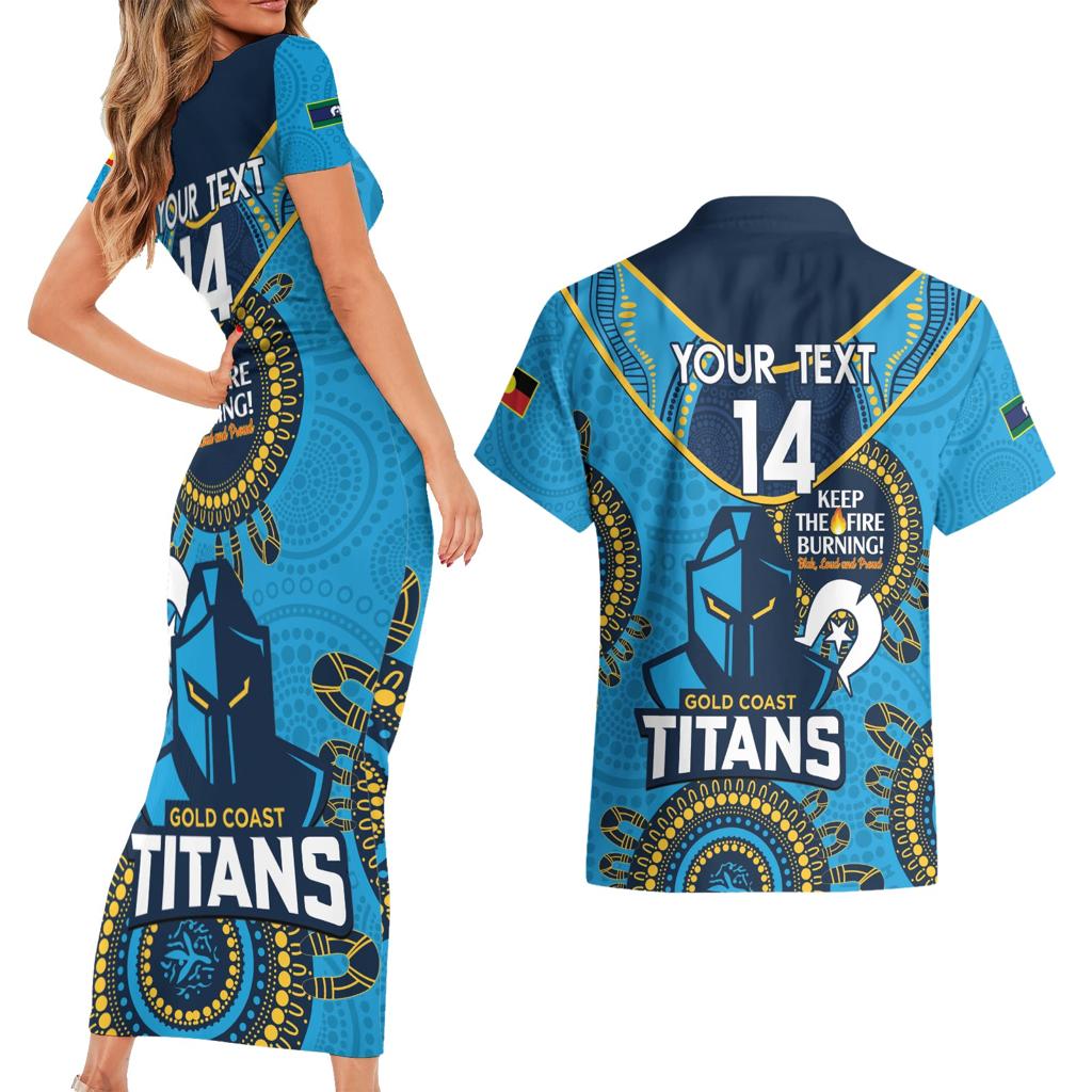 Custom NRL Titans NAIDOC Week Couples Matching Short Sleeve Bodycon Dress and Hawaiian Shirt Keep The Fire Burning Indigenous Art