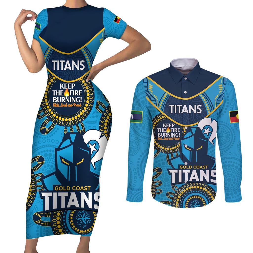 Custom NRL Titans NAIDOC Week Couples Matching Short Sleeve Bodycon Dress and Long Sleeve Button Shirt Keep The Fire Burning Indigenous Art