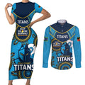 Custom NRL Titans NAIDOC Week Couples Matching Short Sleeve Bodycon Dress and Long Sleeve Button Shirt Keep The Fire Burning Indigenous Art