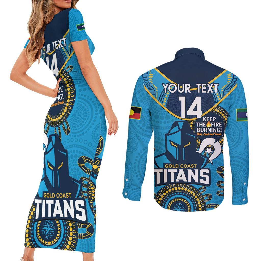 Custom NRL Titans NAIDOC Week Couples Matching Short Sleeve Bodycon Dress and Long Sleeve Button Shirt Keep The Fire Burning Indigenous Art