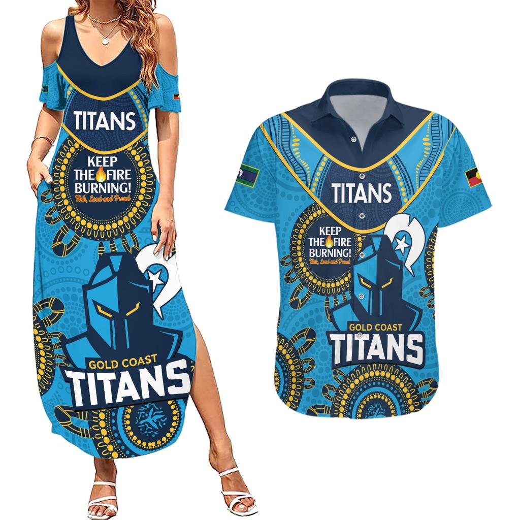 Custom NRL Titans NAIDOC Week Couples Matching Summer Maxi Dress and Hawaiian Shirt Keep The Fire Burning Indigenous Art