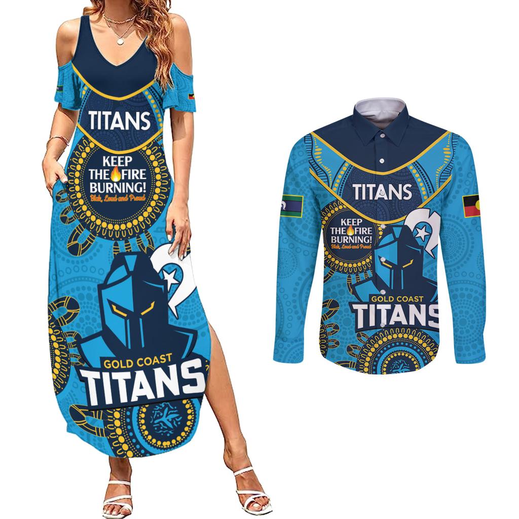 Custom NRL Titans NAIDOC Week Couples Matching Summer Maxi Dress and Long Sleeve Button Shirt Keep The Fire Burning Indigenous Art