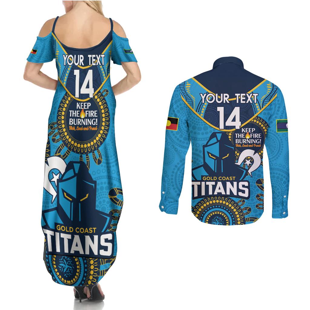 Custom NRL Titans NAIDOC Week Couples Matching Summer Maxi Dress and Long Sleeve Button Shirt Keep The Fire Burning Indigenous Art