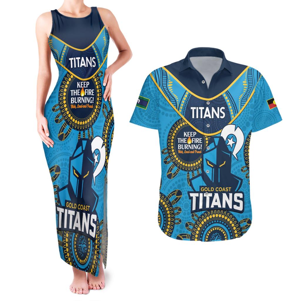 Custom NRL Titans NAIDOC Week Couples Matching Tank Maxi Dress and Hawaiian Shirt Keep The Fire Burning Indigenous Art
