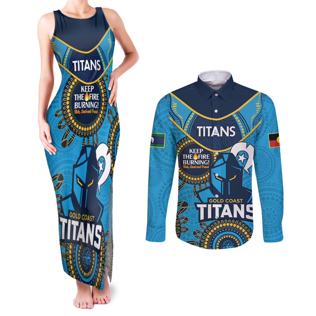 Custom NRL Titans NAIDOC Week Couples Matching Tank Maxi Dress and Long Sleeve Button Shirt Keep The Fire Burning Indigenous Art