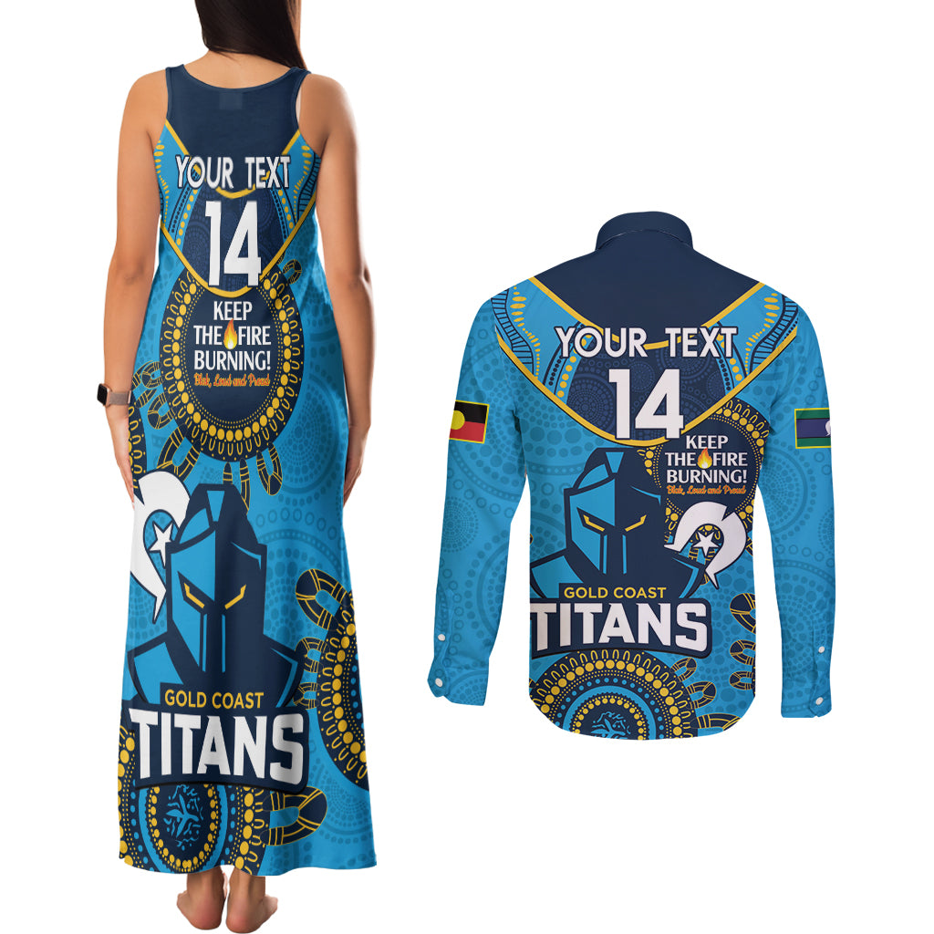 Custom NRL Titans NAIDOC Week Couples Matching Tank Maxi Dress and Long Sleeve Button Shirt Keep The Fire Burning Indigenous Art