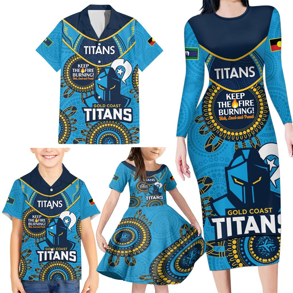 Custom NRL Titans NAIDOC Week Family Matching Long Sleeve Bodycon Dress and Hawaiian Shirt Keep The Fire Burning Indigenous Art