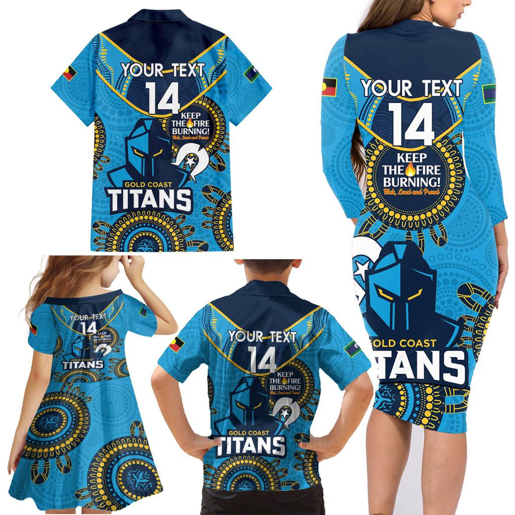 Custom NRL Titans NAIDOC Week Family Matching Long Sleeve Bodycon Dress and Hawaiian Shirt Keep The Fire Burning Indigenous Art