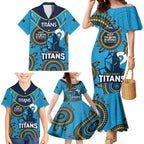 Custom NRL Titans NAIDOC Week Family Matching Mermaid Dress and Hawaiian Shirt Keep The Fire Burning Indigenous Art