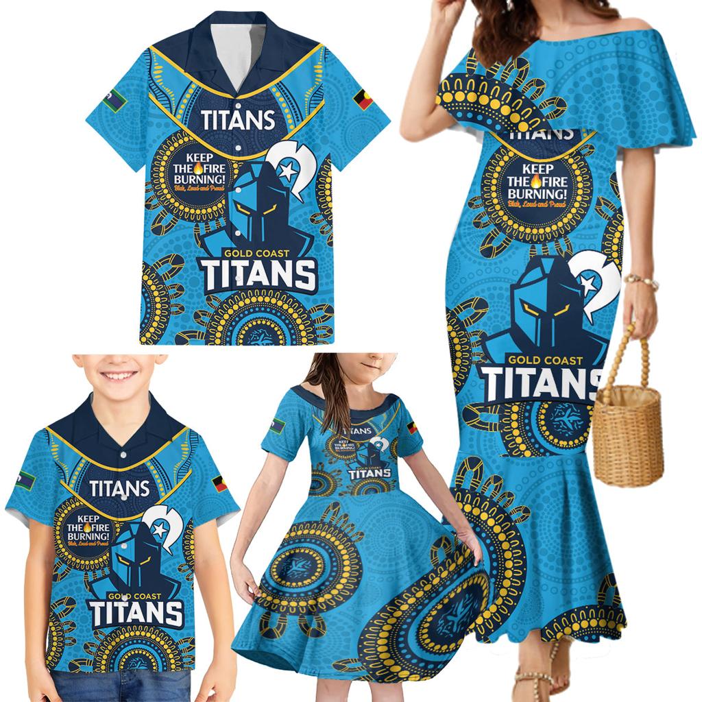 Custom NRL Titans NAIDOC Week Family Matching Mermaid Dress and Hawaiian Shirt Keep The Fire Burning Indigenous Art