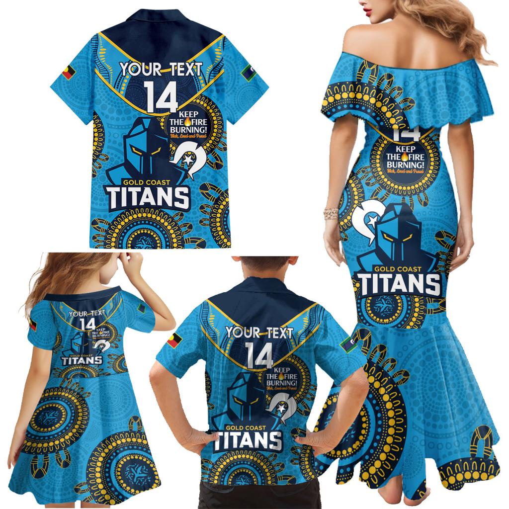 Custom NRL Titans NAIDOC Week Family Matching Mermaid Dress and Hawaiian Shirt Keep The Fire Burning Indigenous Art