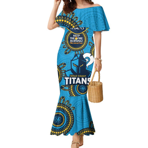 Custom NRL Titans NAIDOC Week Family Matching Mermaid Dress and Hawaiian Shirt Keep The Fire Burning Indigenous Art