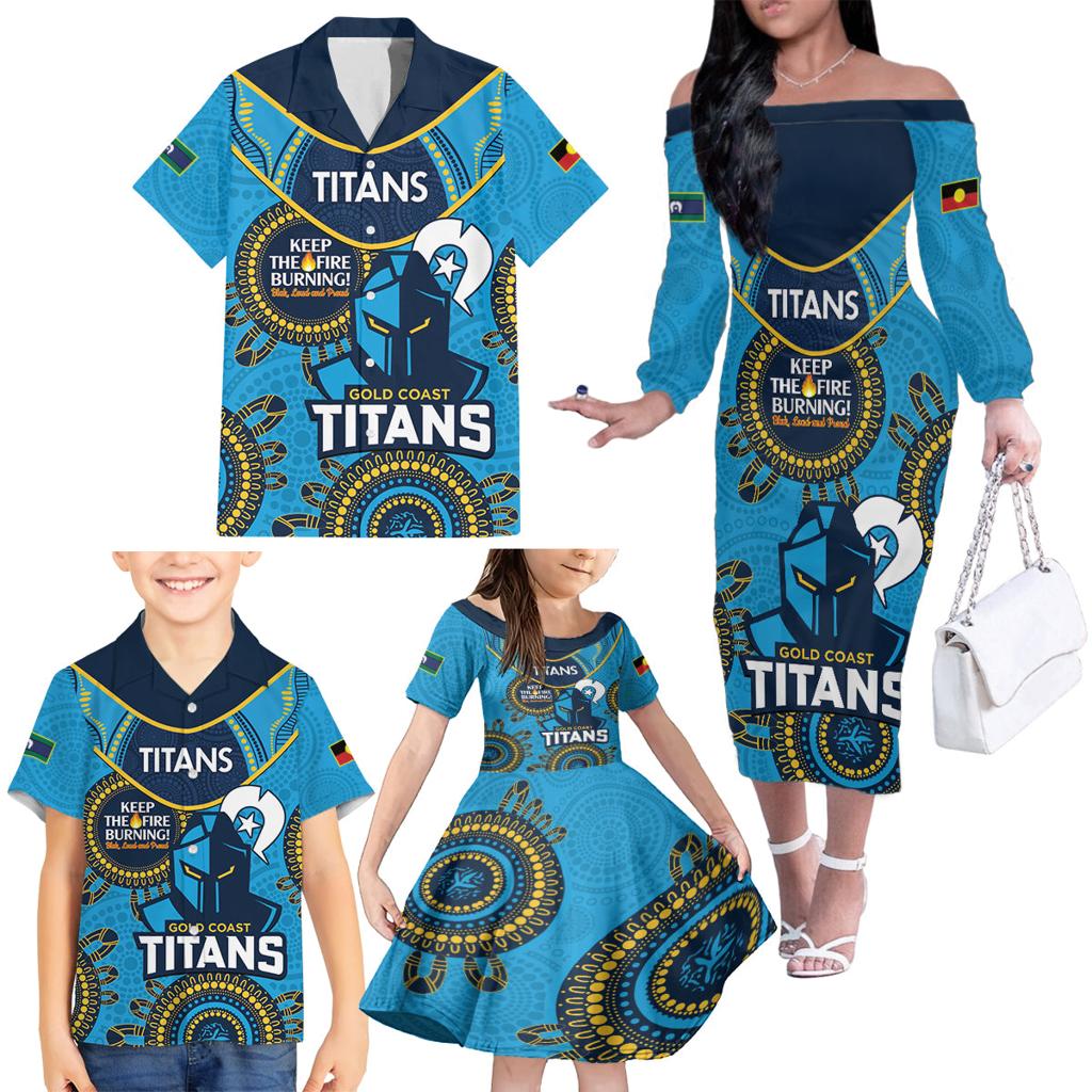 Custom NRL Titans NAIDOC Week Family Matching Off The Shoulder Long Sleeve Dress and Hawaiian Shirt Keep The Fire Burning Indigenous Art