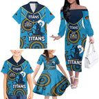 Custom NRL Titans NAIDOC Week Family Matching Off The Shoulder Long Sleeve Dress and Hawaiian Shirt Keep The Fire Burning Indigenous Art