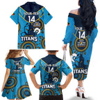 Custom NRL Titans NAIDOC Week Family Matching Off The Shoulder Long Sleeve Dress and Hawaiian Shirt Keep The Fire Burning Indigenous Art