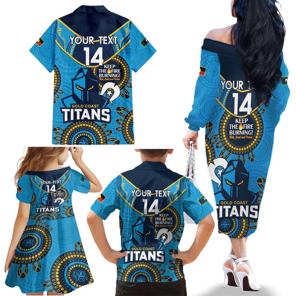 Custom NRL Titans NAIDOC Week Family Matching Off The Shoulder Long Sleeve Dress and Hawaiian Shirt Keep The Fire Burning Indigenous Art