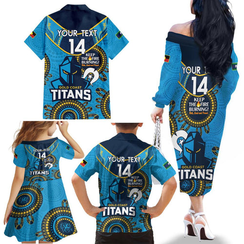 Custom NRL Titans NAIDOC Week Family Matching Off The Shoulder Long Sleeve Dress and Hawaiian Shirt Keep The Fire Burning Indigenous Art