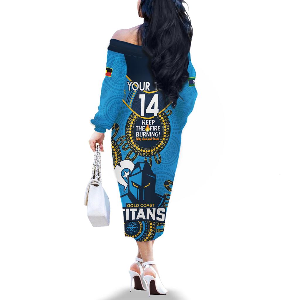 Custom NRL Titans NAIDOC Week Family Matching Off The Shoulder Long Sleeve Dress and Hawaiian Shirt Keep The Fire Burning Indigenous Art