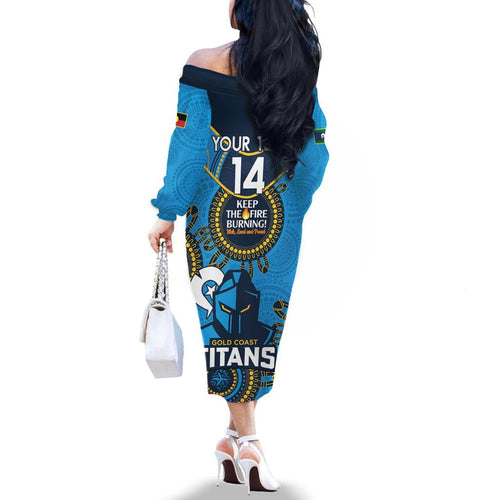 Custom NRL Titans NAIDOC Week Family Matching Off The Shoulder Long Sleeve Dress and Hawaiian Shirt Keep The Fire Burning Indigenous Art