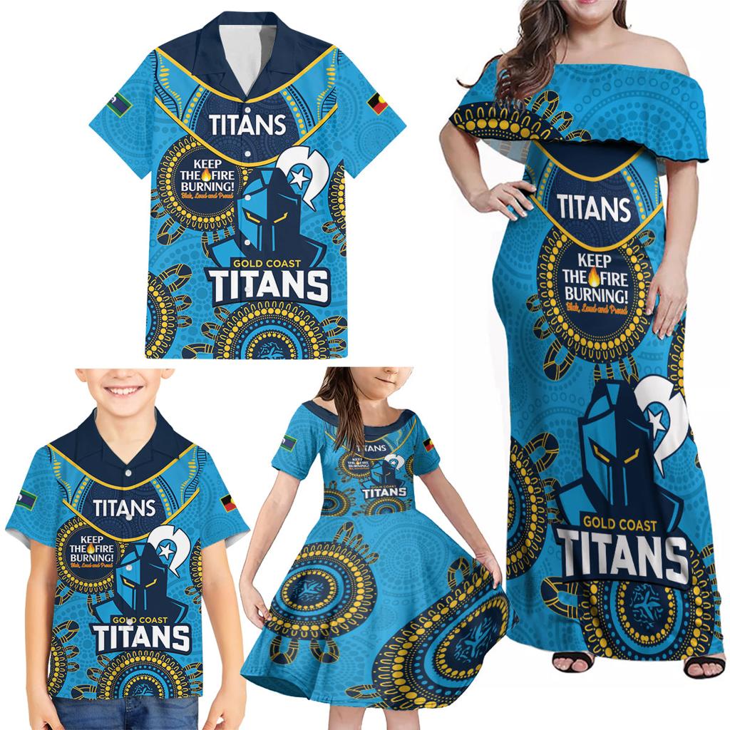 Custom NRL Titans NAIDOC Week Family Matching Off Shoulder Maxi Dress and Hawaiian Shirt Keep The Fire Burning Indigenous Art