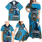 Custom NRL Titans NAIDOC Week Family Matching Off Shoulder Maxi Dress and Hawaiian Shirt Keep The Fire Burning Indigenous Art