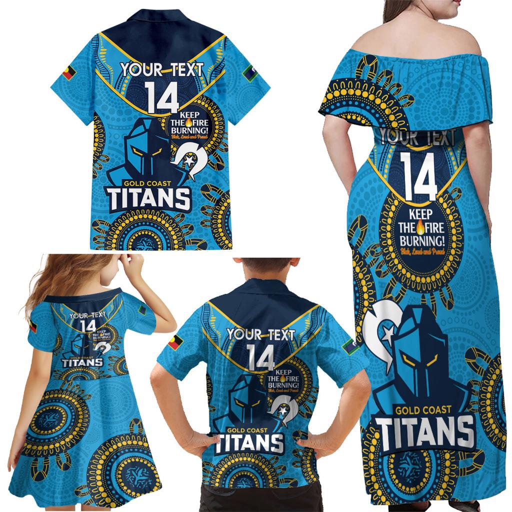Custom NRL Titans NAIDOC Week Family Matching Off Shoulder Maxi Dress and Hawaiian Shirt Keep The Fire Burning Indigenous Art