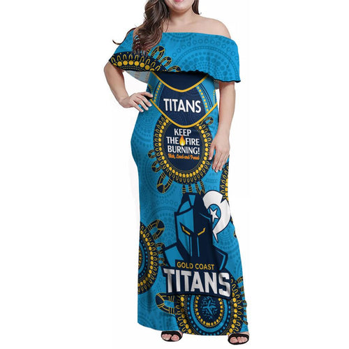 Custom NRL Titans NAIDOC Week Family Matching Off Shoulder Maxi Dress and Hawaiian Shirt Keep The Fire Burning Indigenous Art
