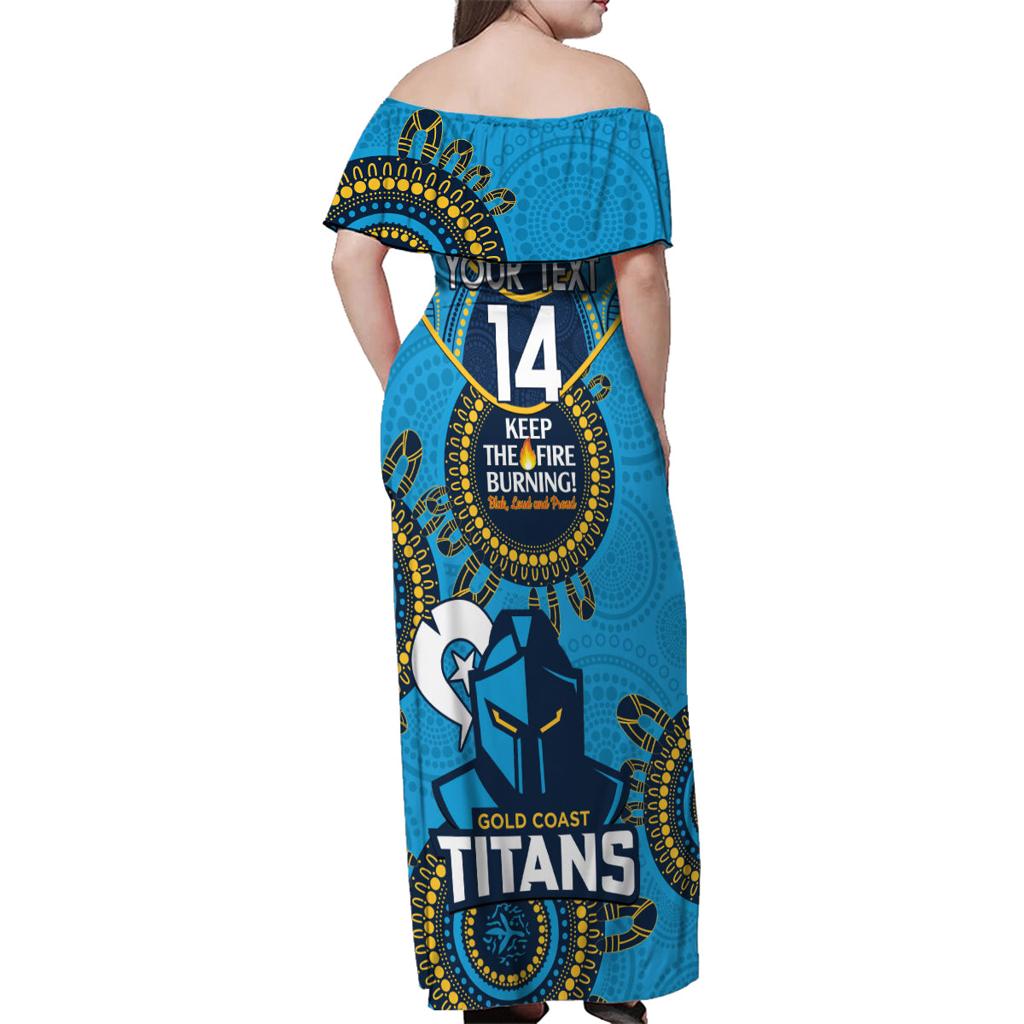 Custom NRL Titans NAIDOC Week Family Matching Off Shoulder Maxi Dress and Hawaiian Shirt Keep The Fire Burning Indigenous Art