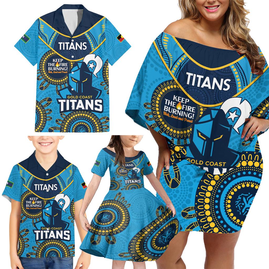 Custom NRL Titans NAIDOC Week Family Matching Off Shoulder Short Dress and Hawaiian Shirt Keep The Fire Burning Indigenous Art