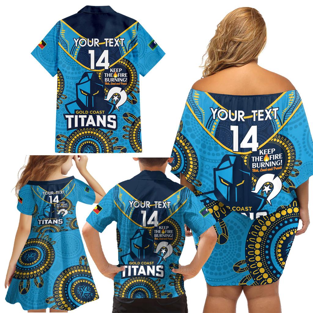 Custom NRL Titans NAIDOC Week Family Matching Off Shoulder Short Dress and Hawaiian Shirt Keep The Fire Burning Indigenous Art