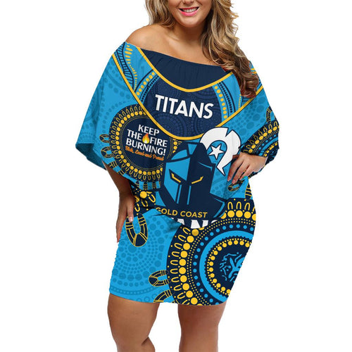 Custom NRL Titans NAIDOC Week Family Matching Off Shoulder Short Dress and Hawaiian Shirt Keep The Fire Burning Indigenous Art