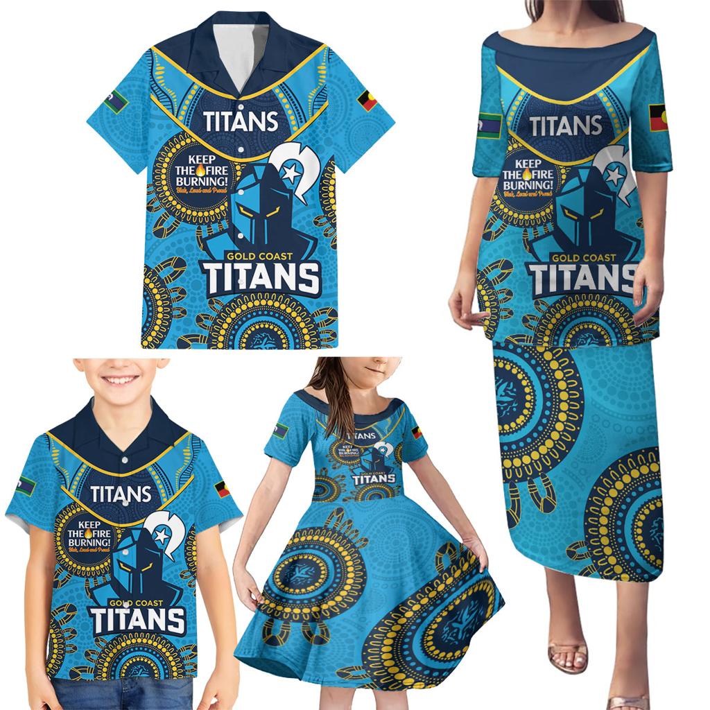 Custom NRL Titans NAIDOC Week Family Matching Puletasi and Hawaiian Shirt Keep The Fire Burning Indigenous Art