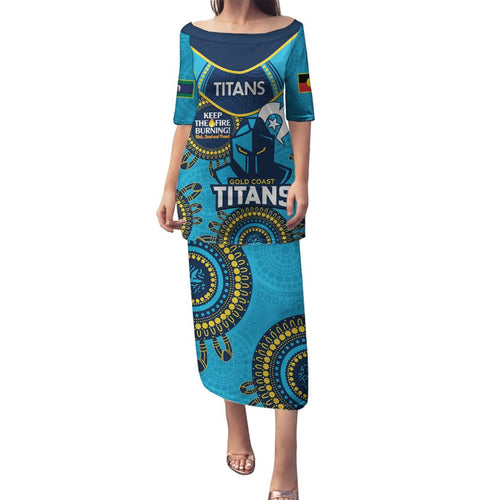 Custom NRL Titans NAIDOC Week Family Matching Puletasi and Hawaiian Shirt Keep The Fire Burning Indigenous Art