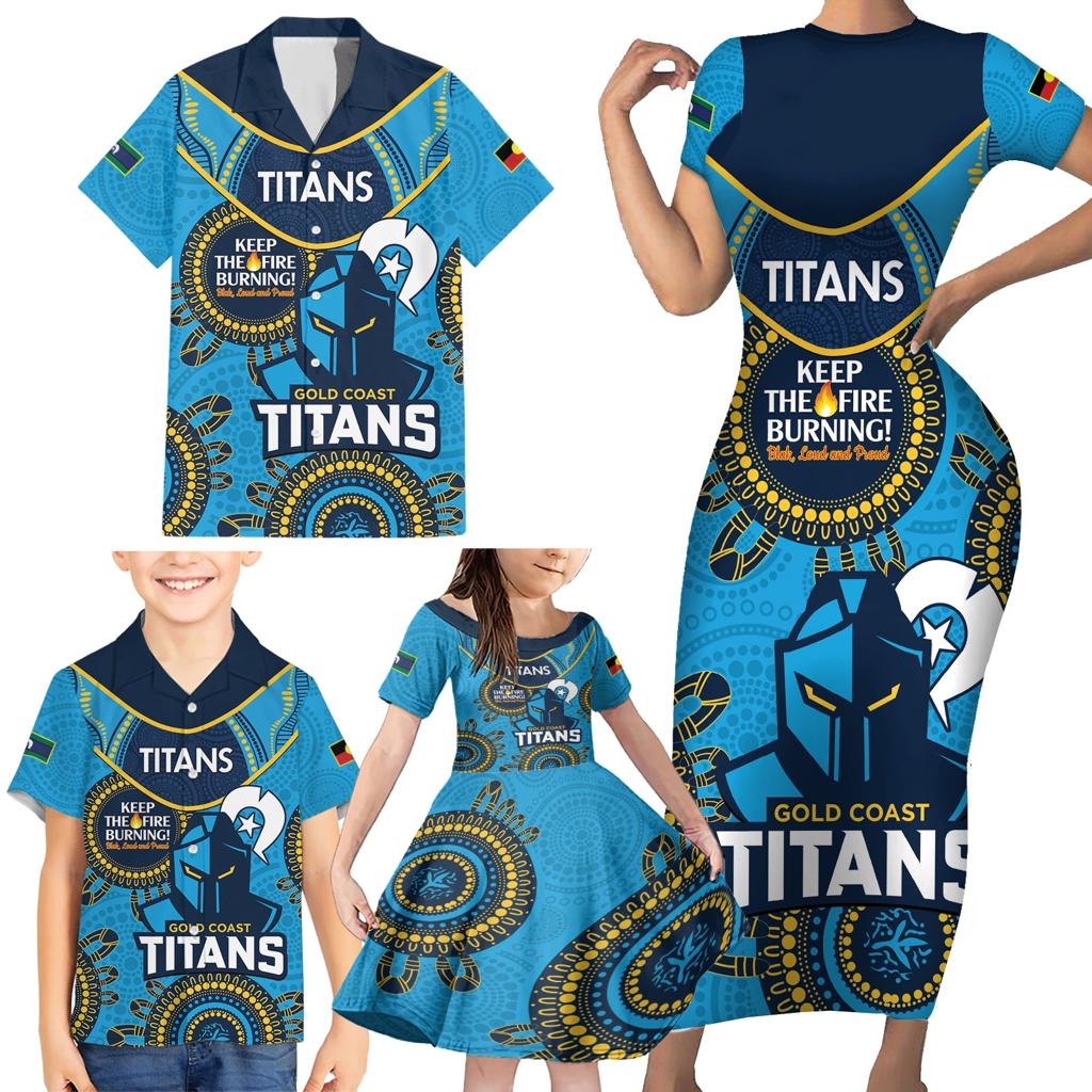 Custom NRL Titans NAIDOC Week Family Matching Short Sleeve Bodycon Dress and Hawaiian Shirt Keep The Fire Burning Indigenous Art