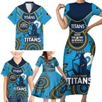 Custom NRL Titans NAIDOC Week Family Matching Short Sleeve Bodycon Dress and Hawaiian Shirt Keep The Fire Burning Indigenous Art