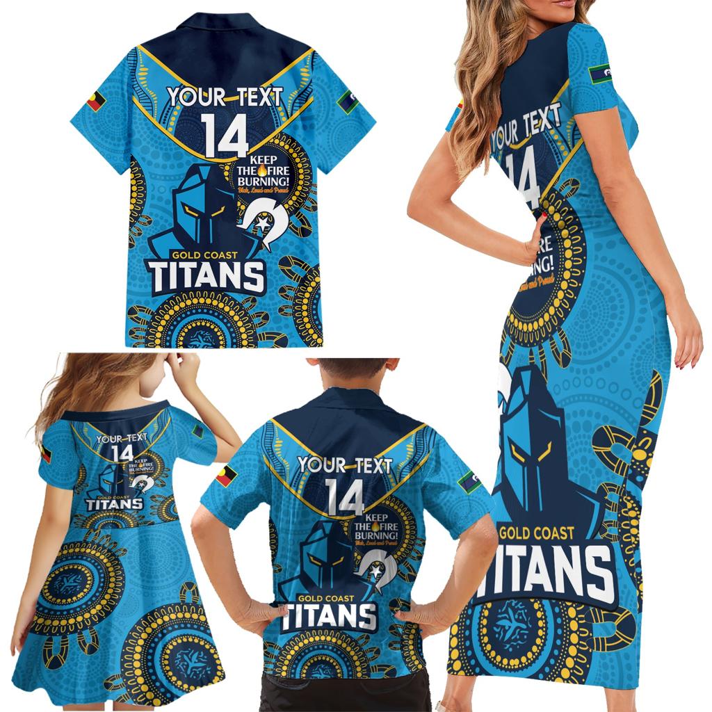 Custom NRL Titans NAIDOC Week Family Matching Short Sleeve Bodycon Dress and Hawaiian Shirt Keep The Fire Burning Indigenous Art