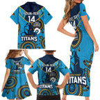 Custom NRL Titans NAIDOC Week Family Matching Short Sleeve Bodycon Dress and Hawaiian Shirt Keep The Fire Burning Indigenous Art